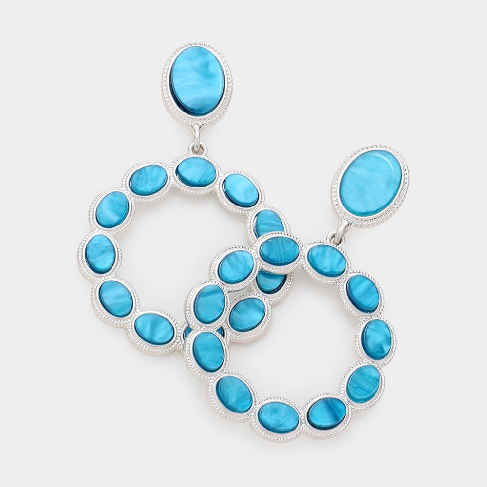 Blue Silver Resin Circle Dangle Drop Earrings